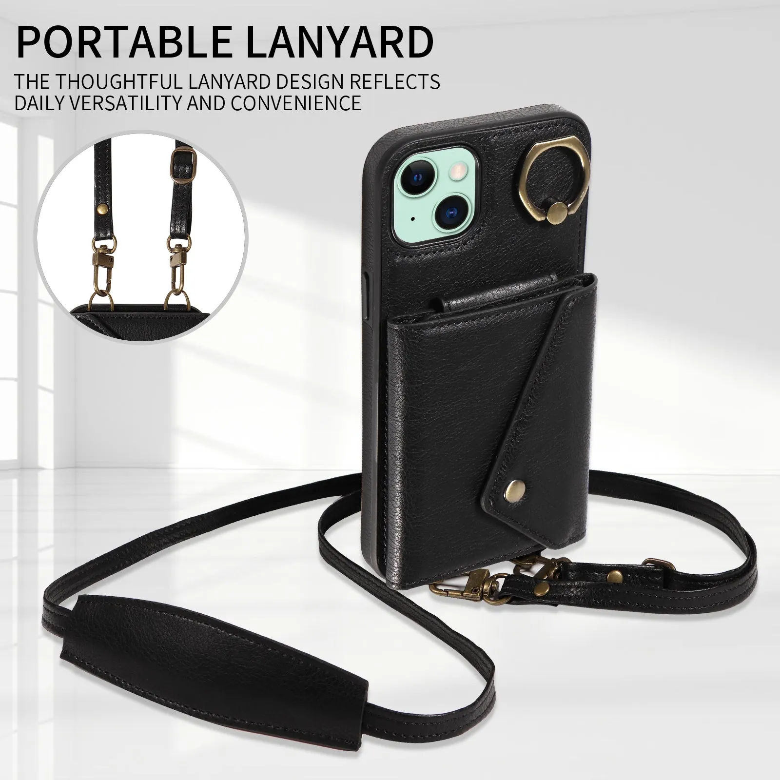 002 For iPhone 15 Plus Card Bag Design Ring Kickstand Cellphone Cover Litchi Texture Leather TPU Back Protector Case with Shoulder Strap