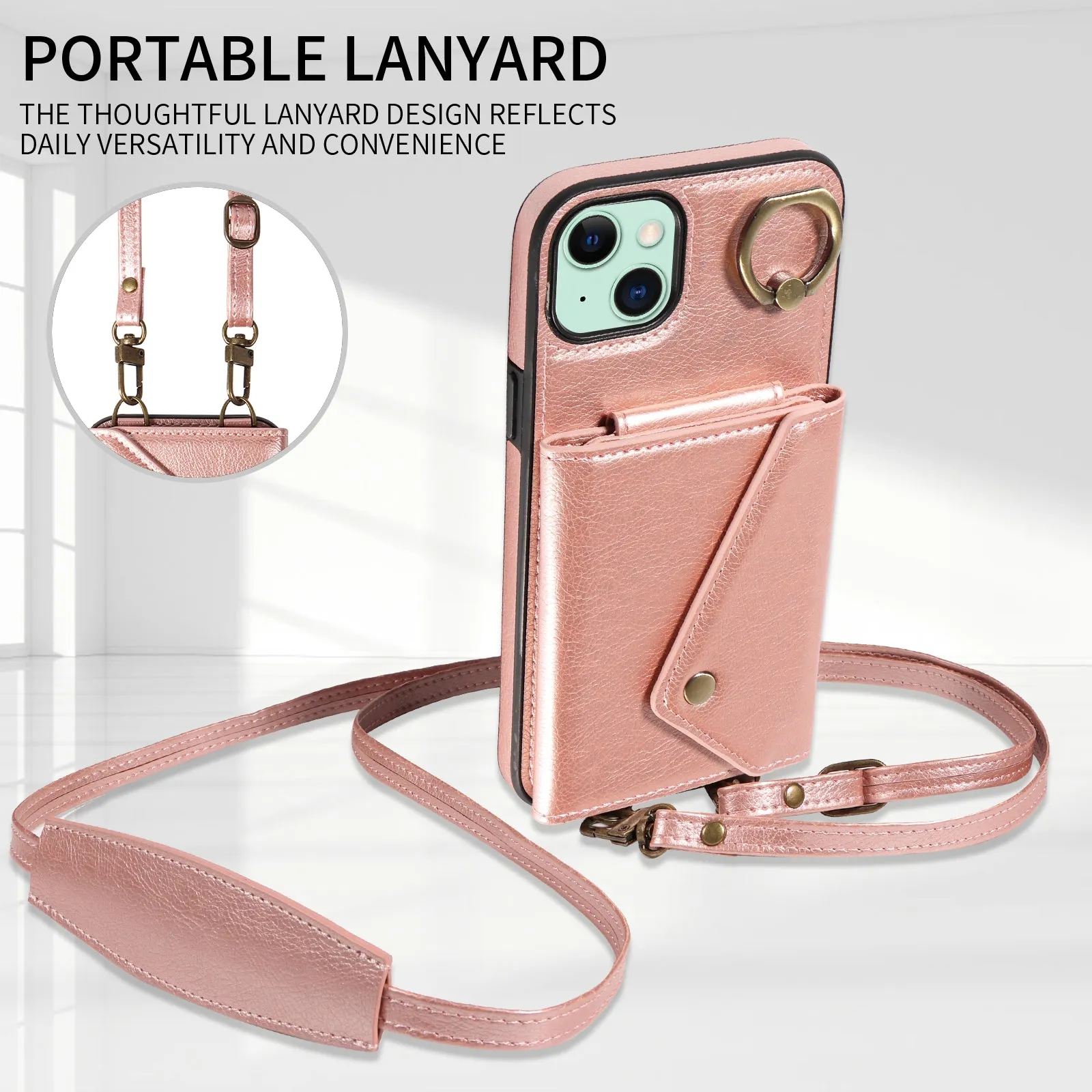 002 For iPhone 15 Plus Card Bag Design Ring Kickstand Cellphone Cover Litchi Texture Leather TPU Back Protector Case with Shoulder Strap