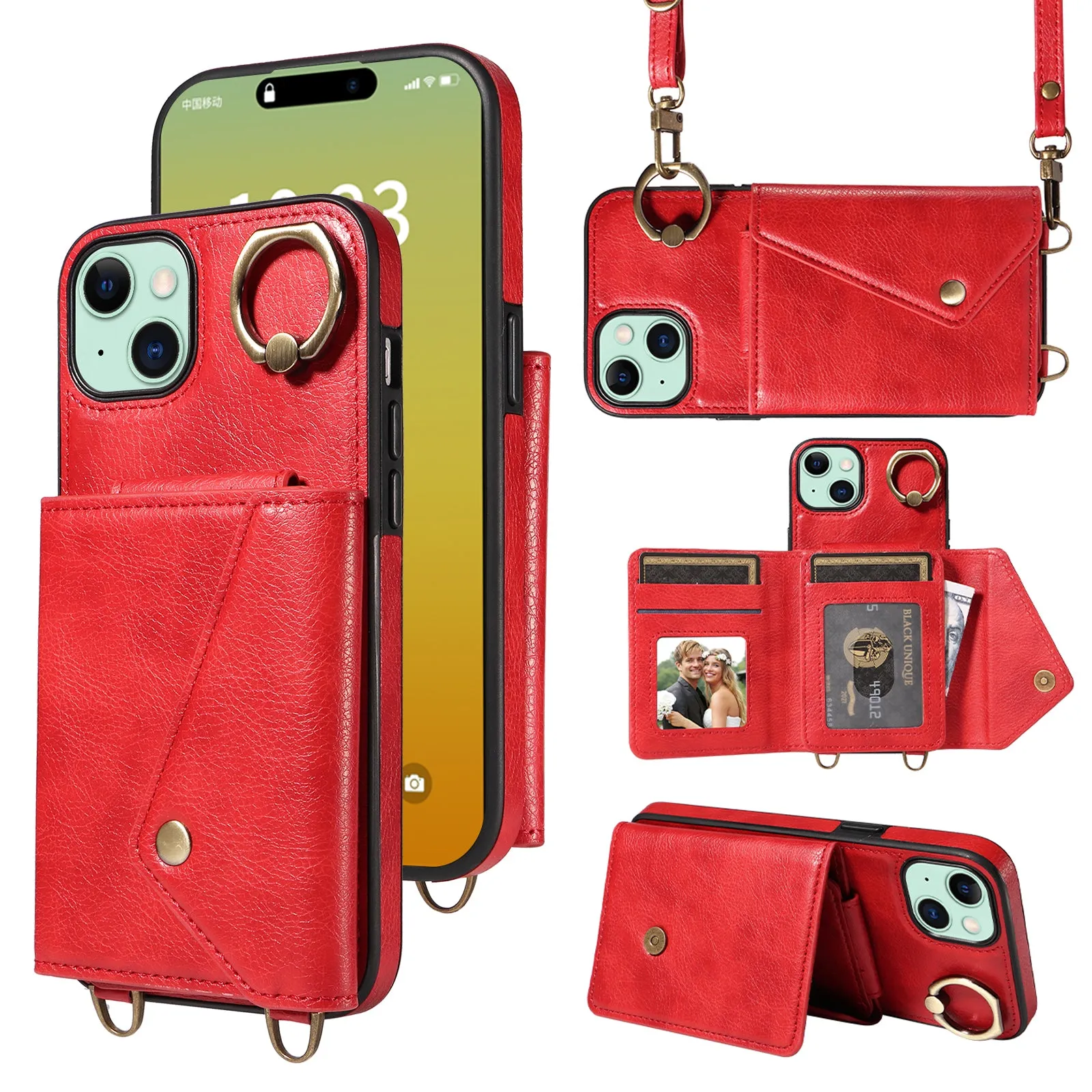 002 For iPhone 15 Plus Card Bag Design Ring Kickstand Cellphone Cover Litchi Texture Leather TPU Back Protector Case with Shoulder Strap