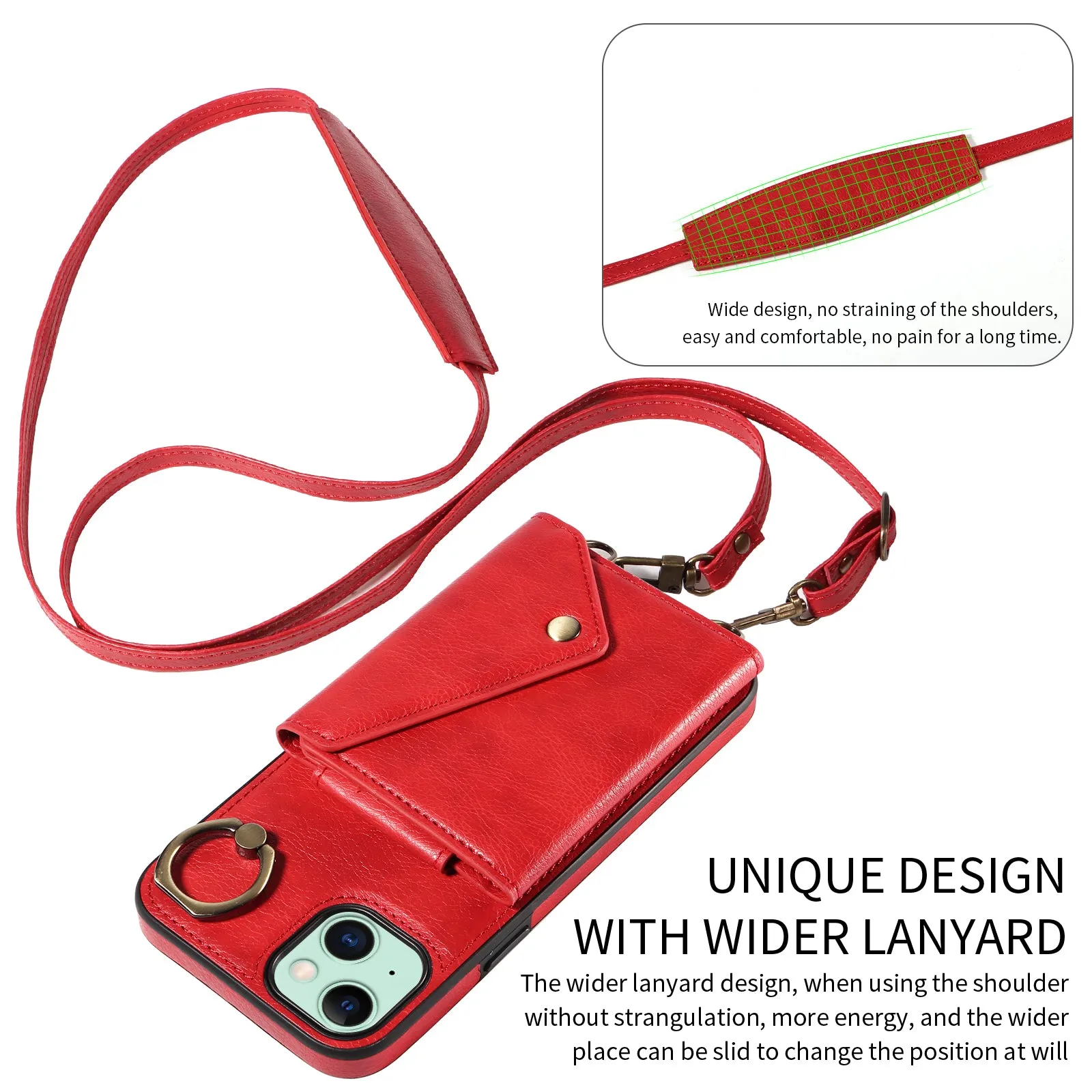 002 For iPhone 15 Plus Card Bag Design Ring Kickstand Cellphone Cover Litchi Texture Leather TPU Back Protector Case with Shoulder Strap