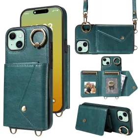 002 For iPhone 15 Plus Card Bag Design Ring Kickstand Cellphone Cover Litchi Texture Leather TPU Back Protector Case with Shoulder Strap