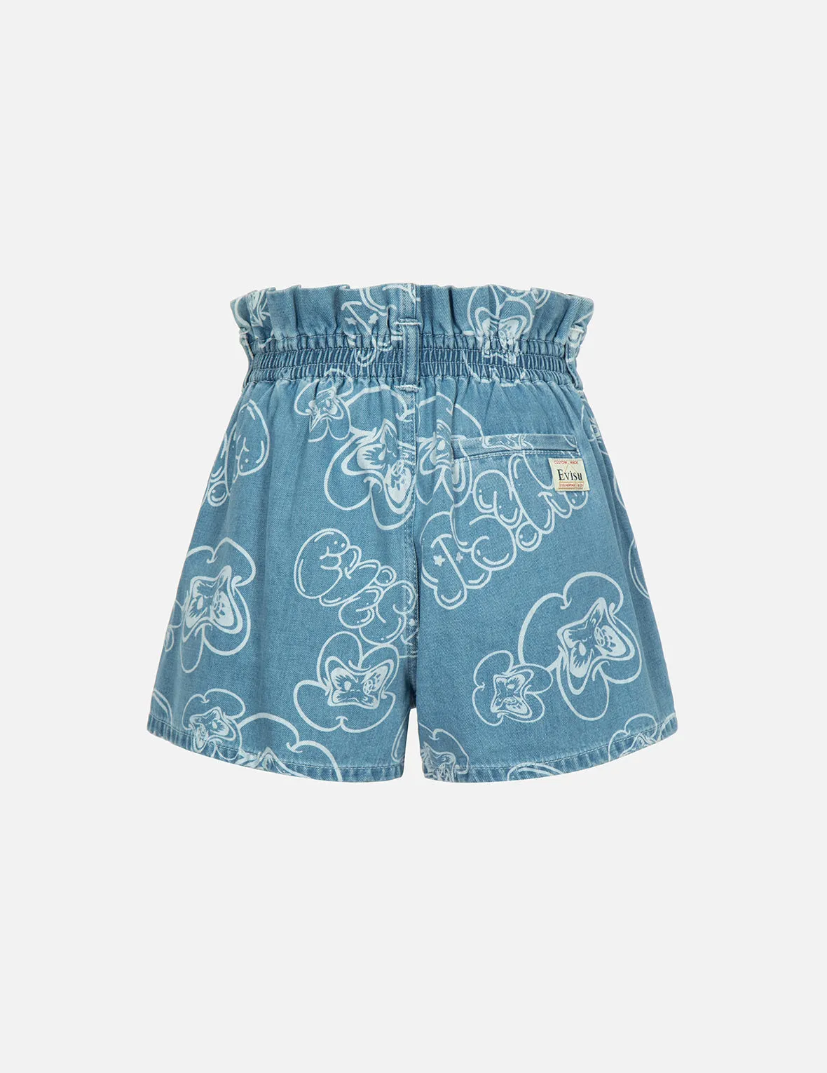 Allover Graffiti Daruma and Logo Laser-Print Denim Shorts