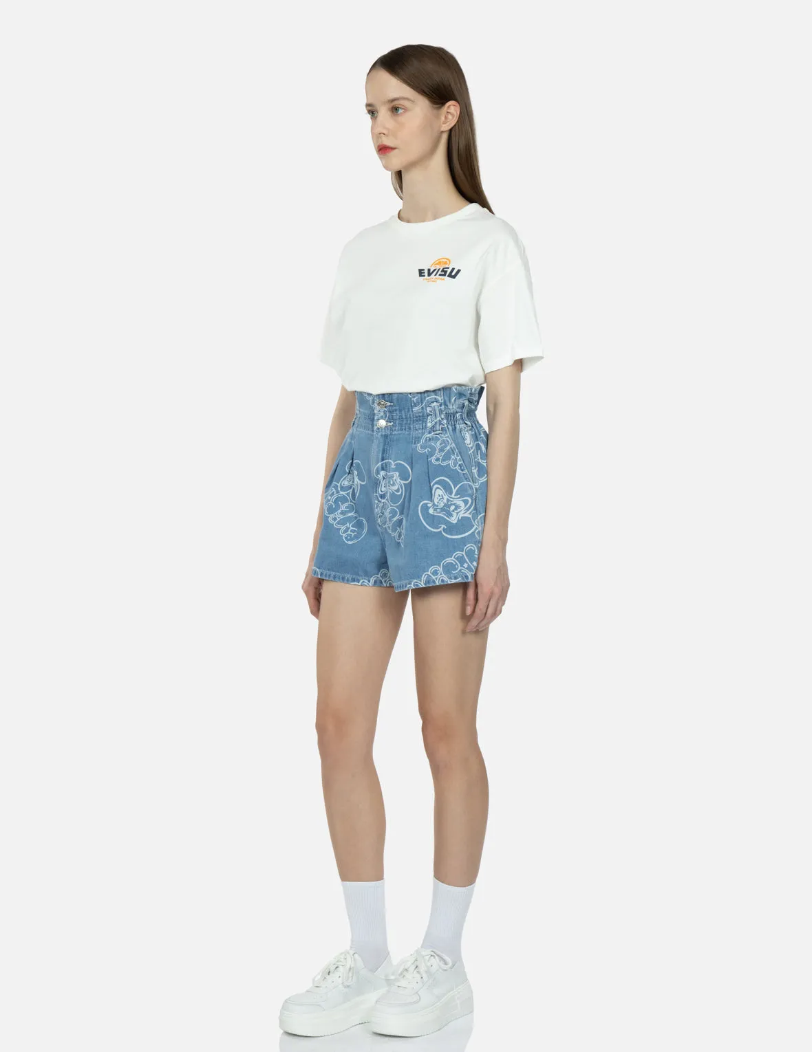 Allover Graffiti Daruma and Logo Laser-Print Denim Shorts