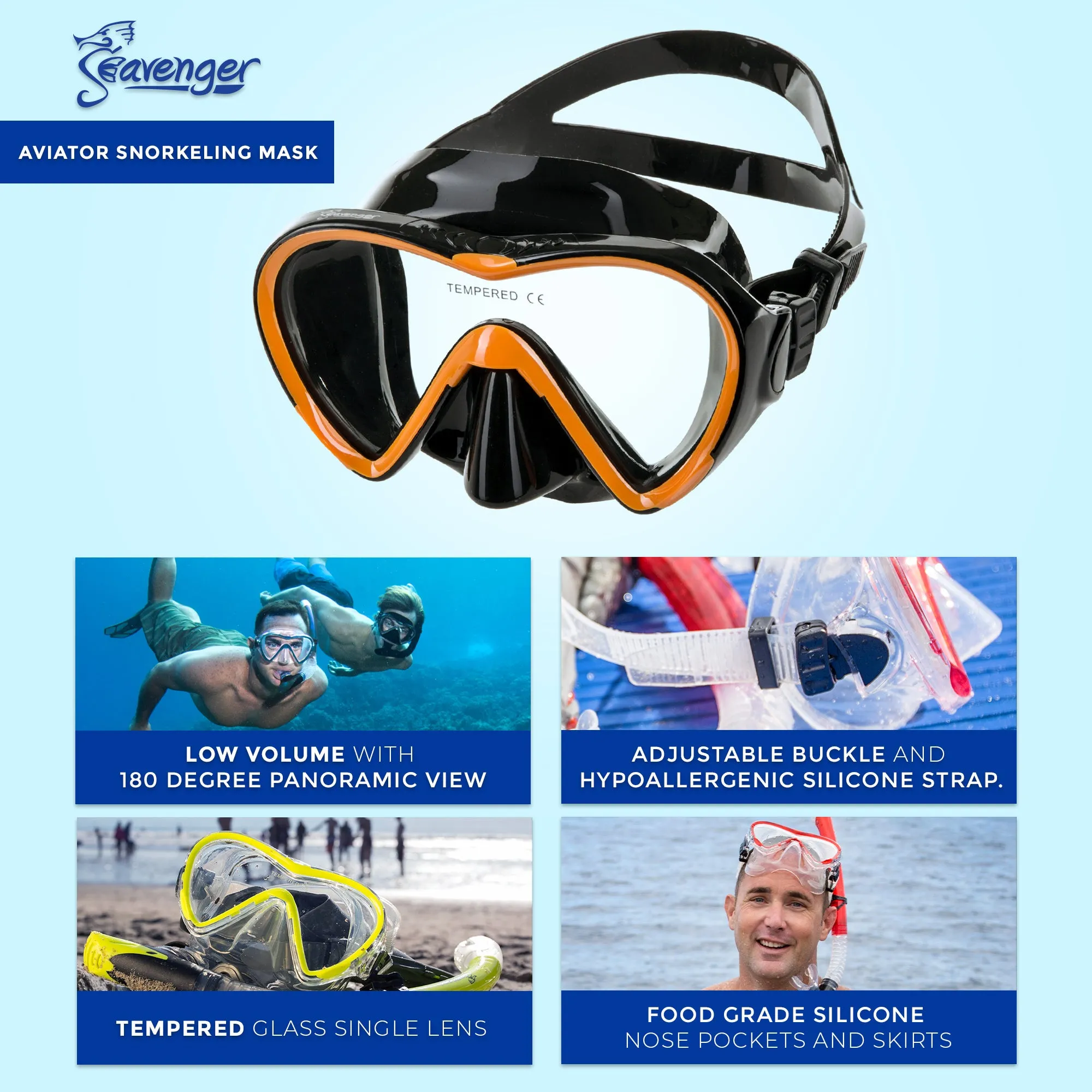 Aviator Snorkel Set - Black Silicone/Orange