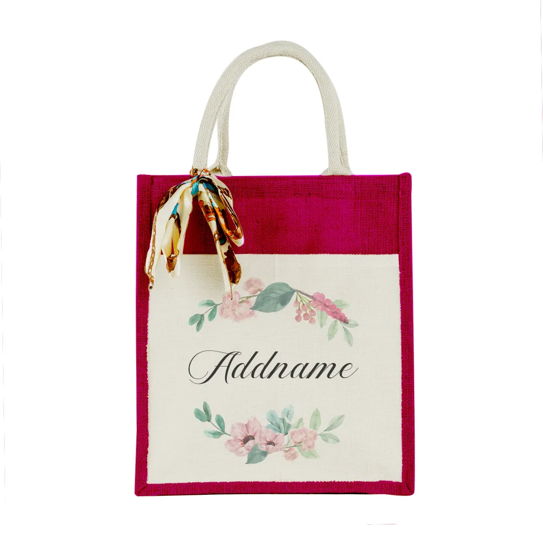 Beautiful Flower Wreath Colourful Jute Bag With Front Pocket