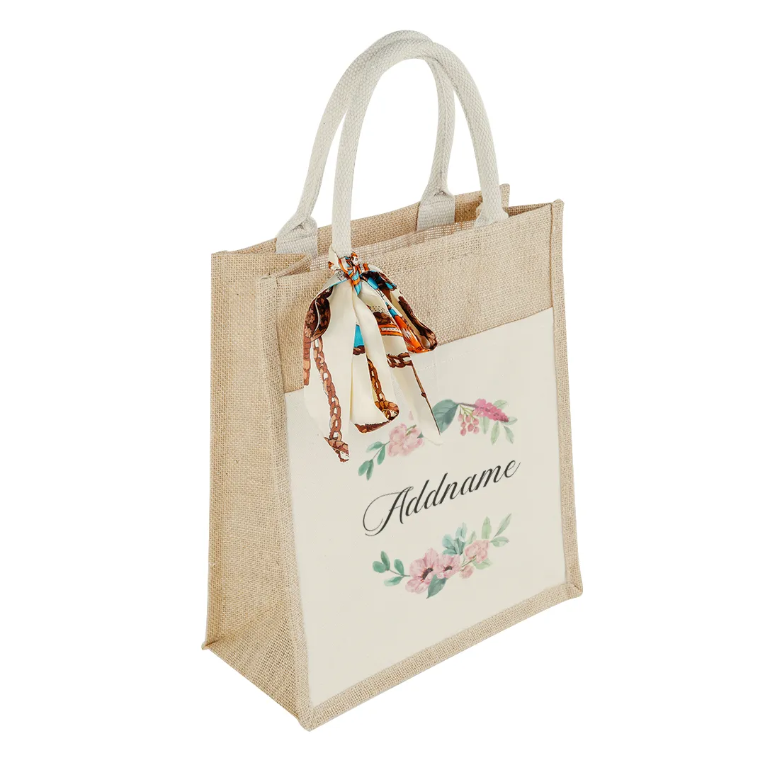 Beautiful Flower Wreath Colourful Jute Bag With Front Pocket