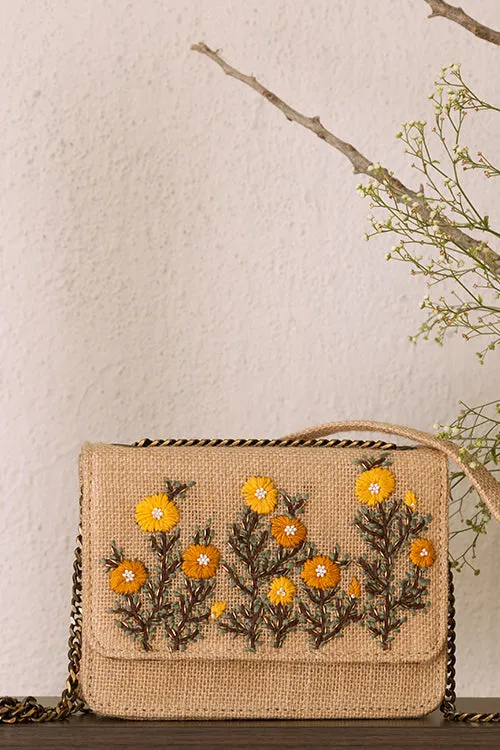 Beige Floral Embroidered Flap Sling Bag