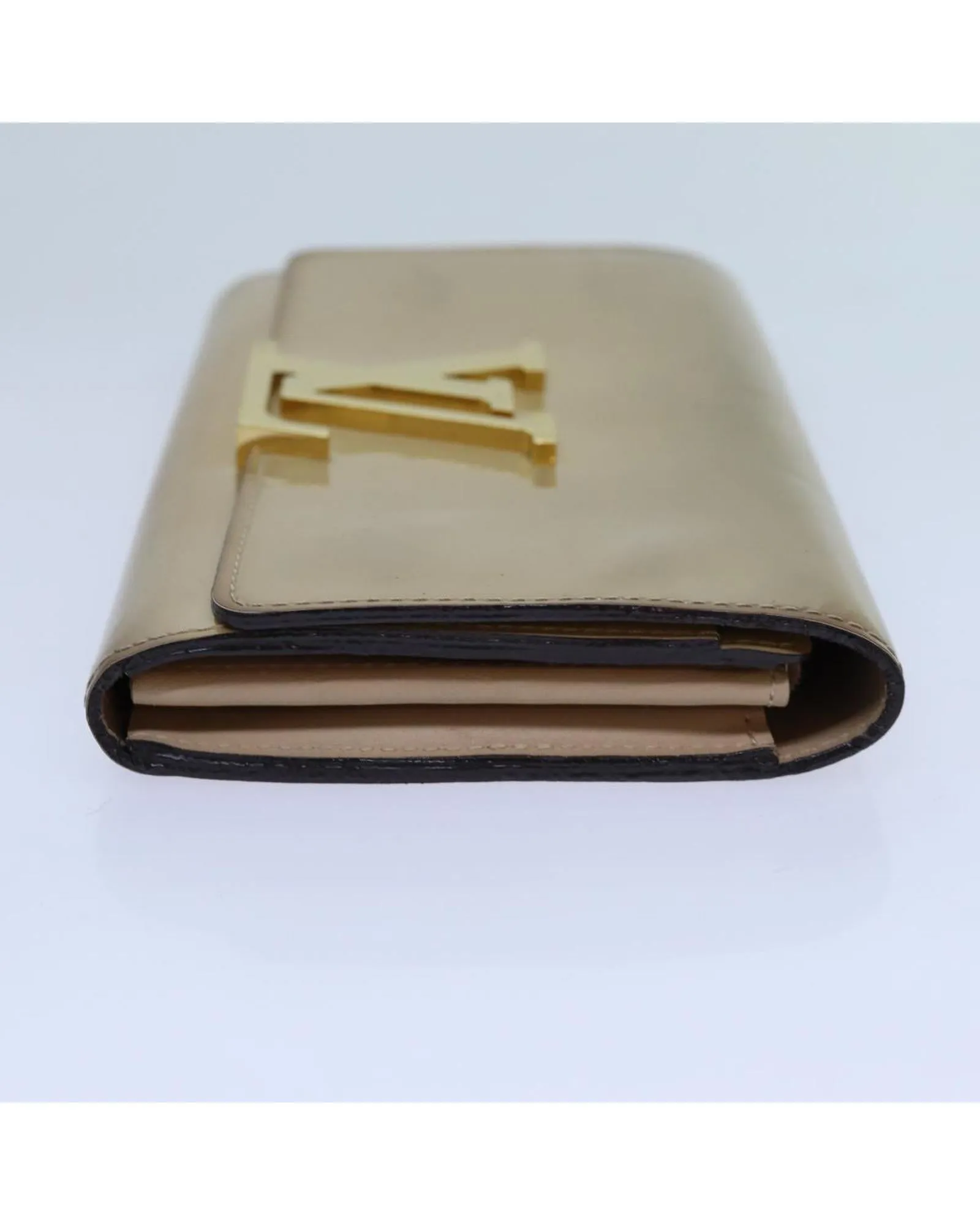 Beige Patent Leather Long Wallet with Button Clasp