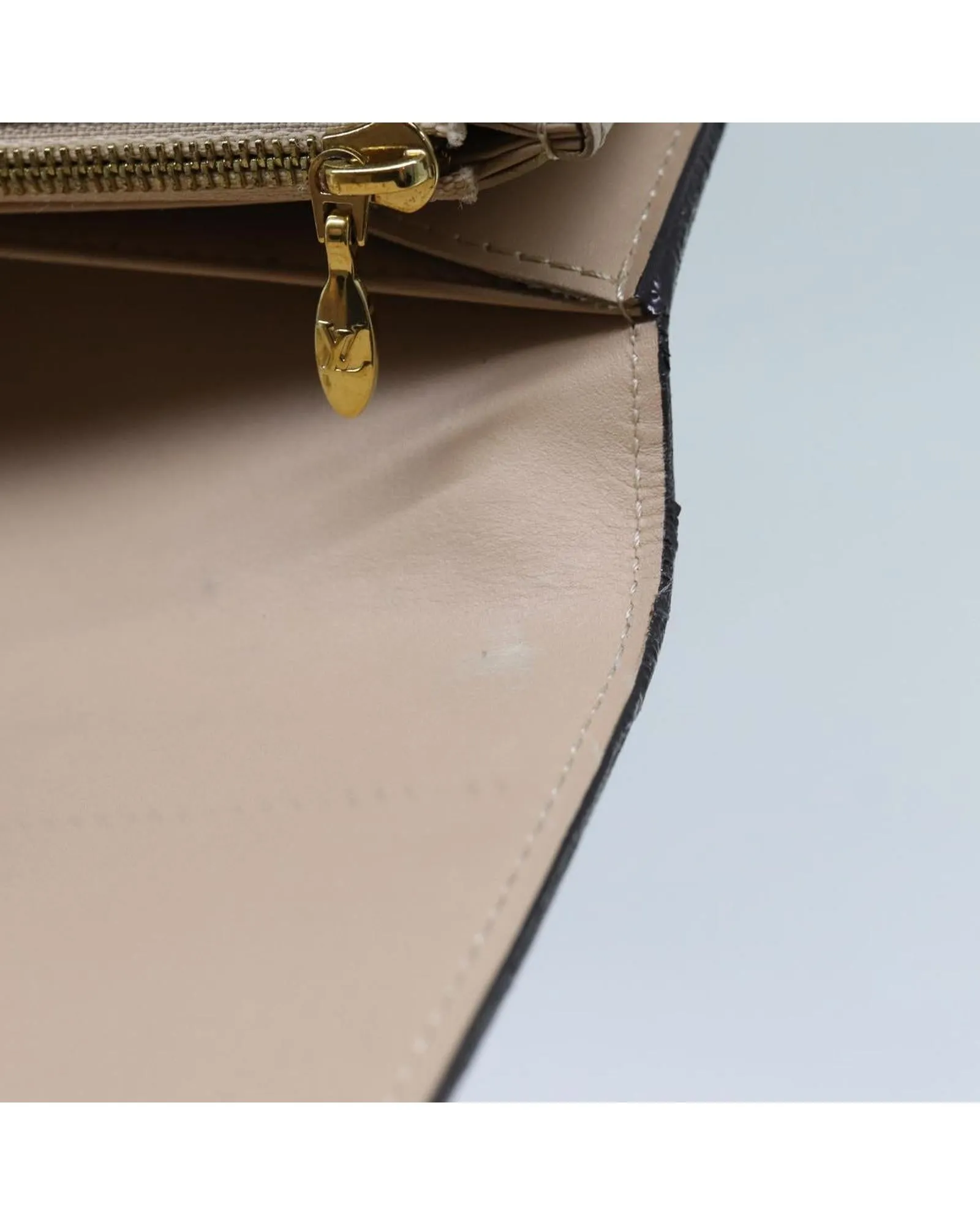 Beige Patent Leather Long Wallet with Button Clasp