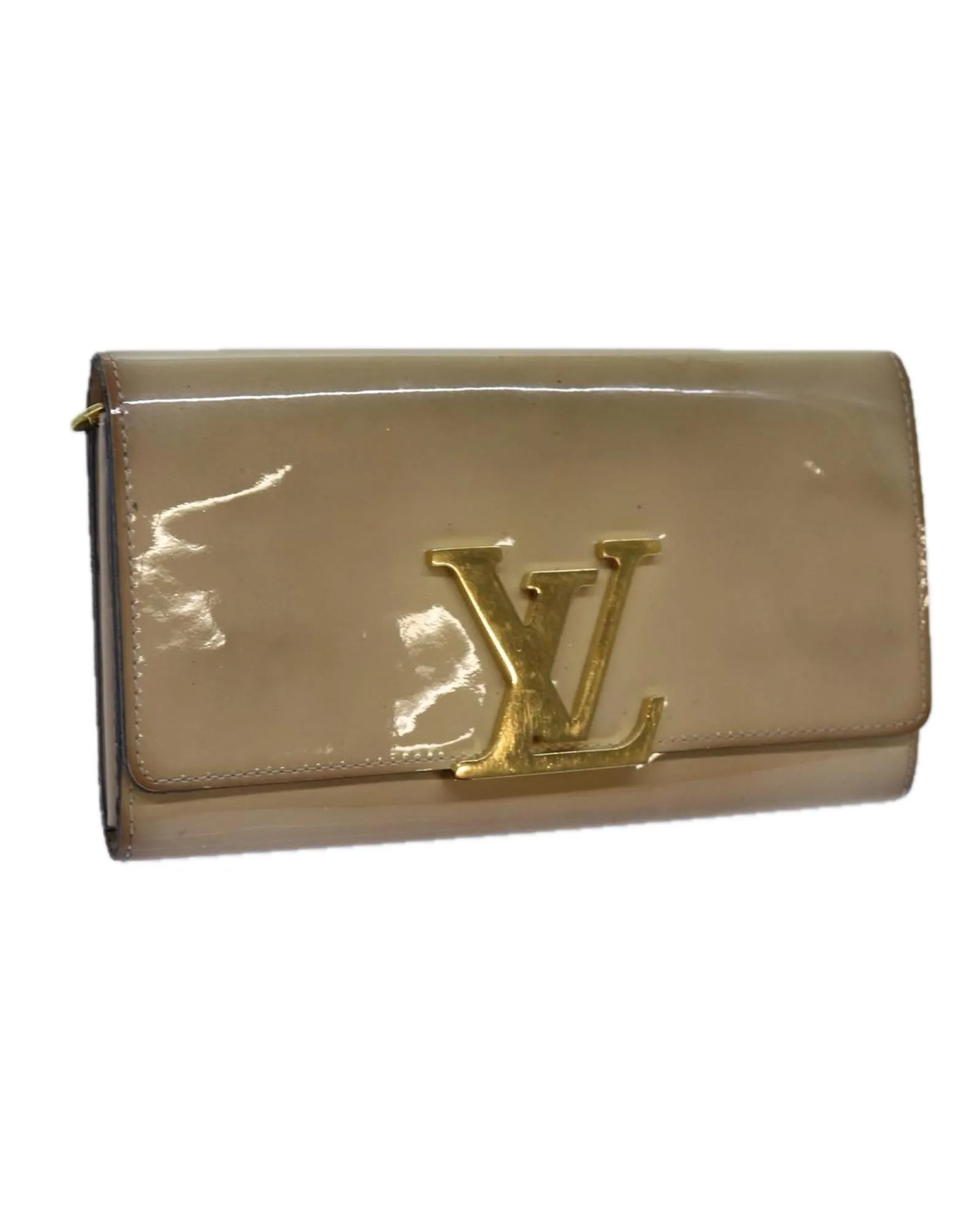 Beige Patent Leather Long Wallet with Button Clasp