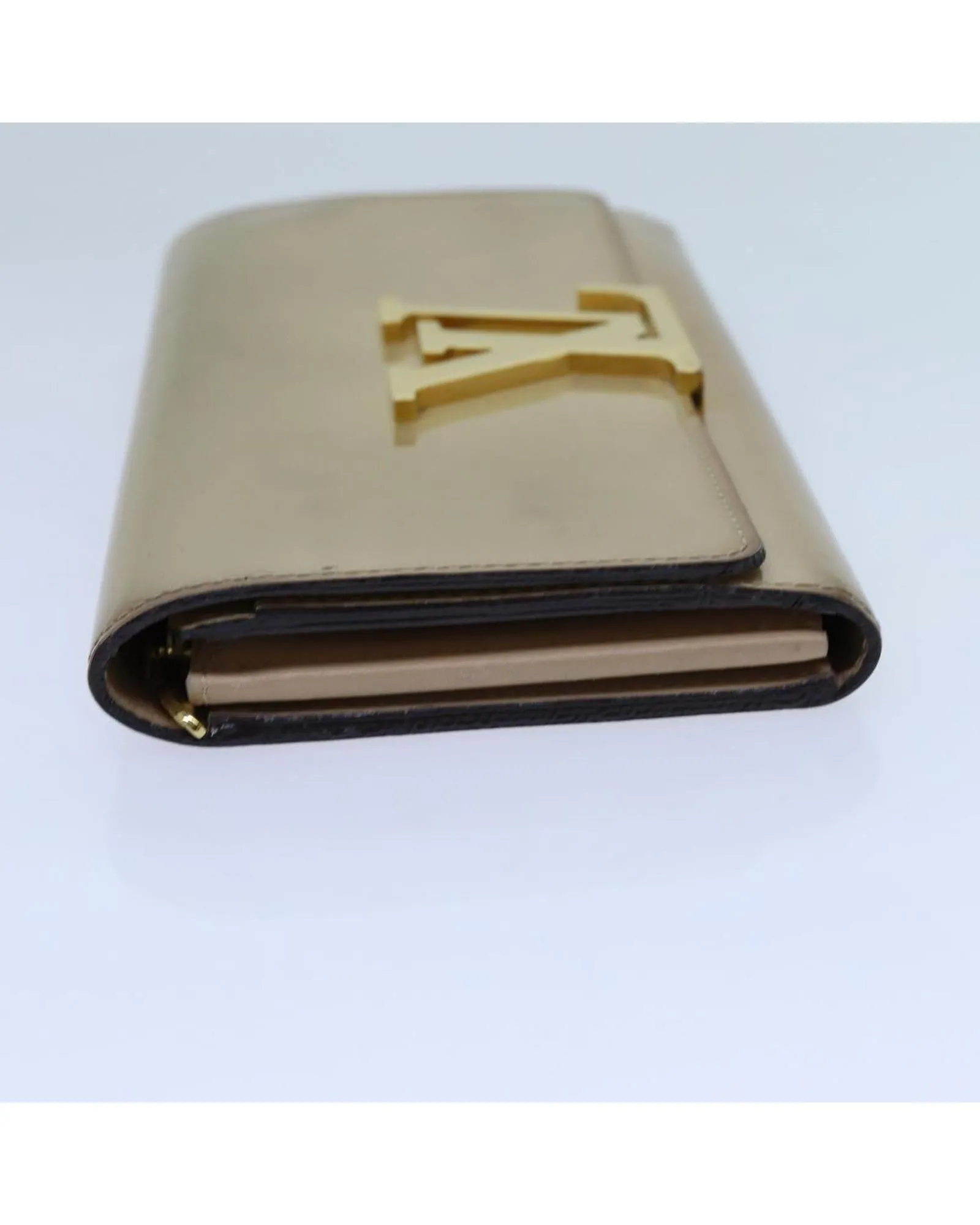 Beige Patent Leather Long Wallet with Button Clasp