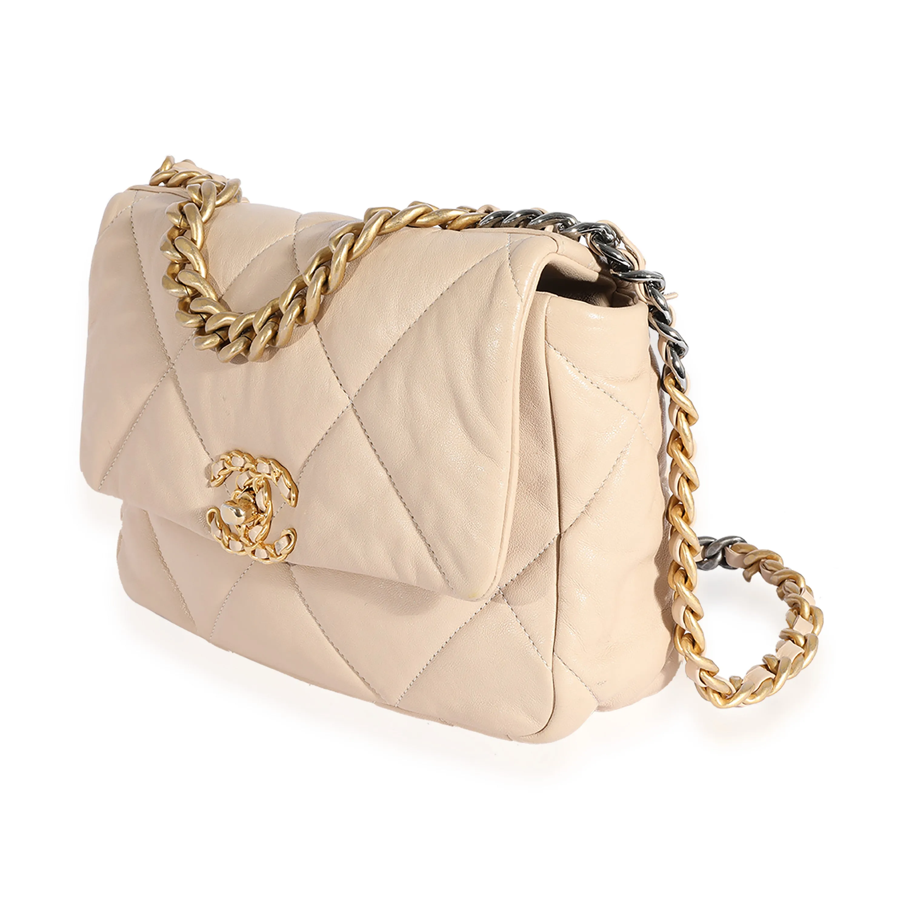 Beige Quilted Lambskin Medium  19 Flap Bag