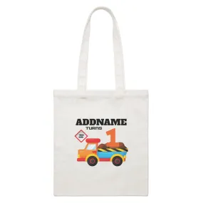 Birthday Construction Dump Truck Addname Turns 1 White Canvas Bag