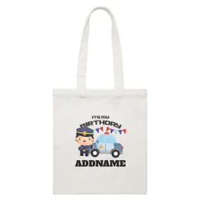 Birthday Police Officer Boy In Suit With Police Car Its My Birthday Addname White Canvas Bag