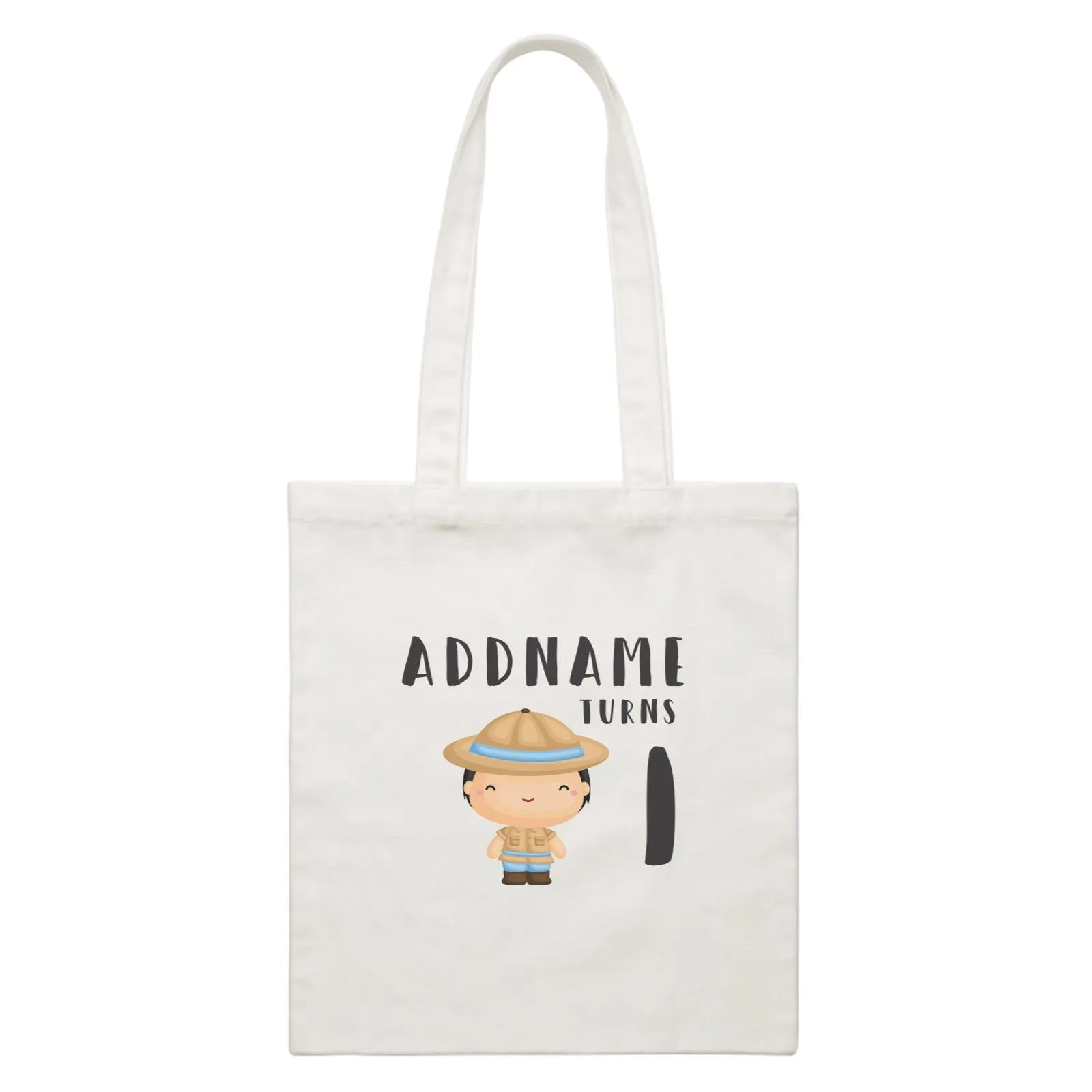 Birthday Safari Little Explorer Baby Boy Addname Turns 1 White Canvas Bag