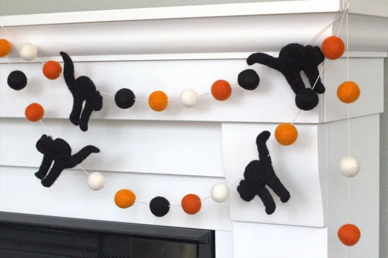 Black Cat Halloween Garland- Orange, Black & White