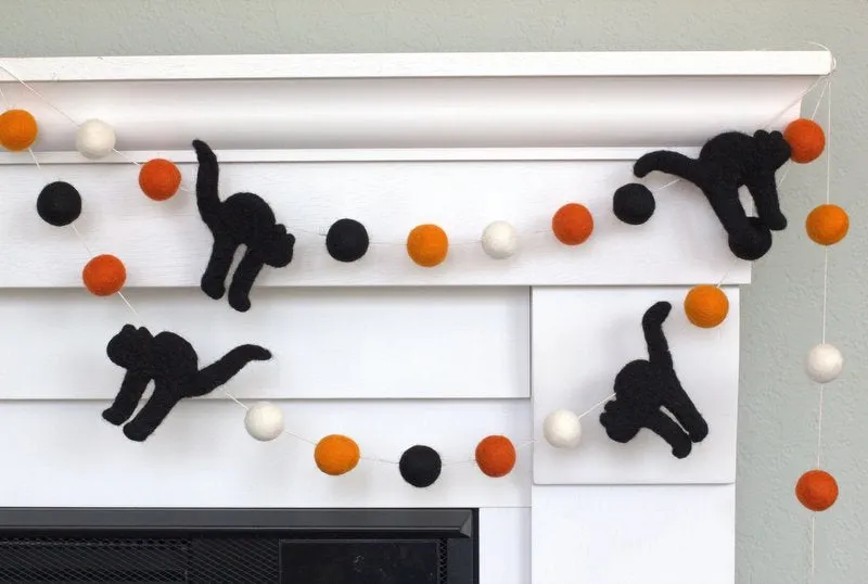 Black Cat Halloween Garland- Orange, Black & White