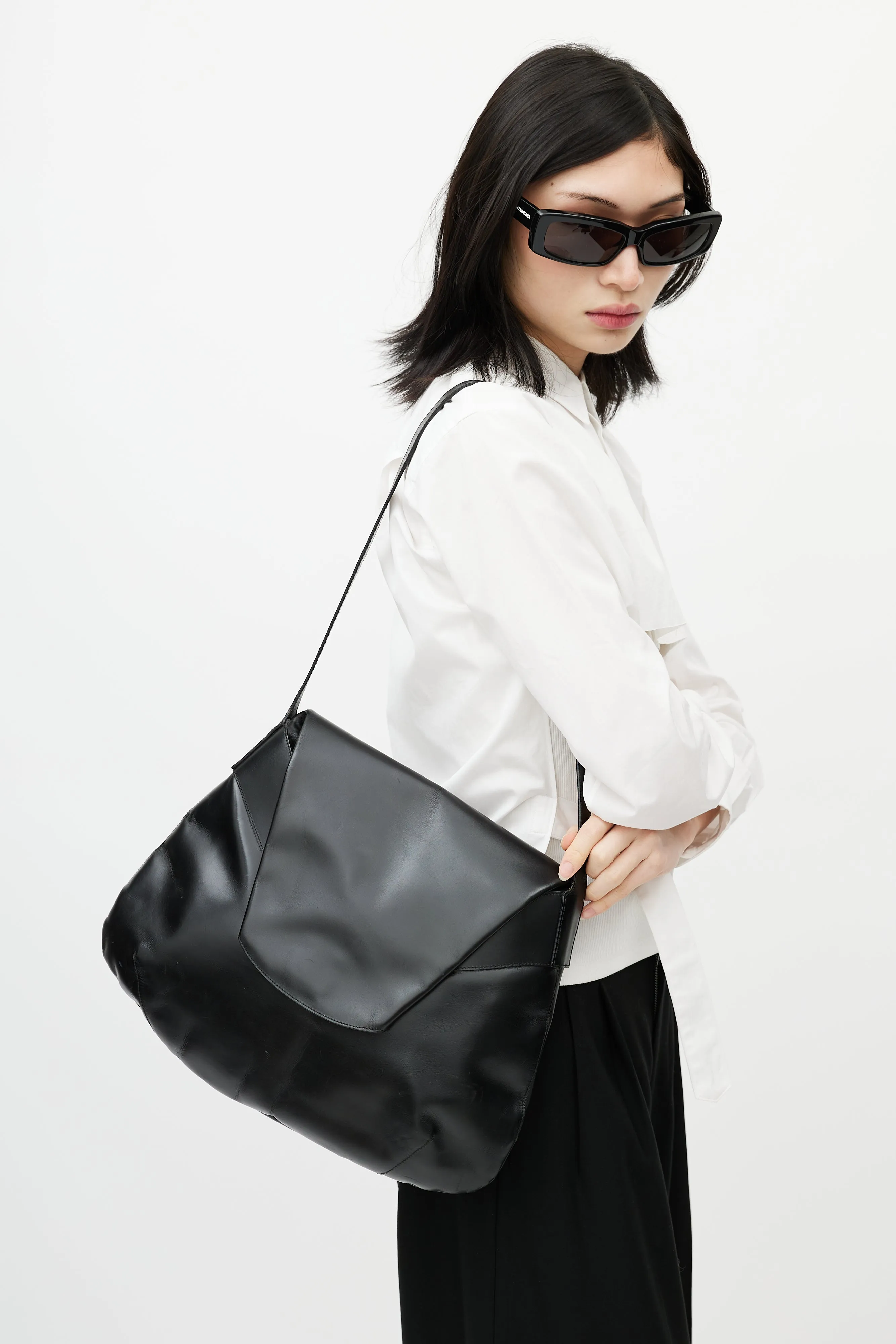 Black Folded Leather Flap Bag