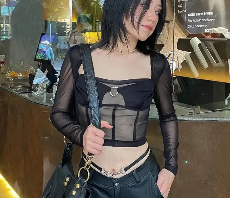 Black Mesh Sheer Crop Tops Fall Fashion Clothes for Women Y2k Streetwear Sexy Square Neck Long Sleeve T Shirt P85-CZ11