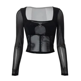 Black Mesh Sheer Crop Tops Fall Fashion Clothes for Women Y2k Streetwear Sexy Square Neck Long Sleeve T Shirt P85-CZ11