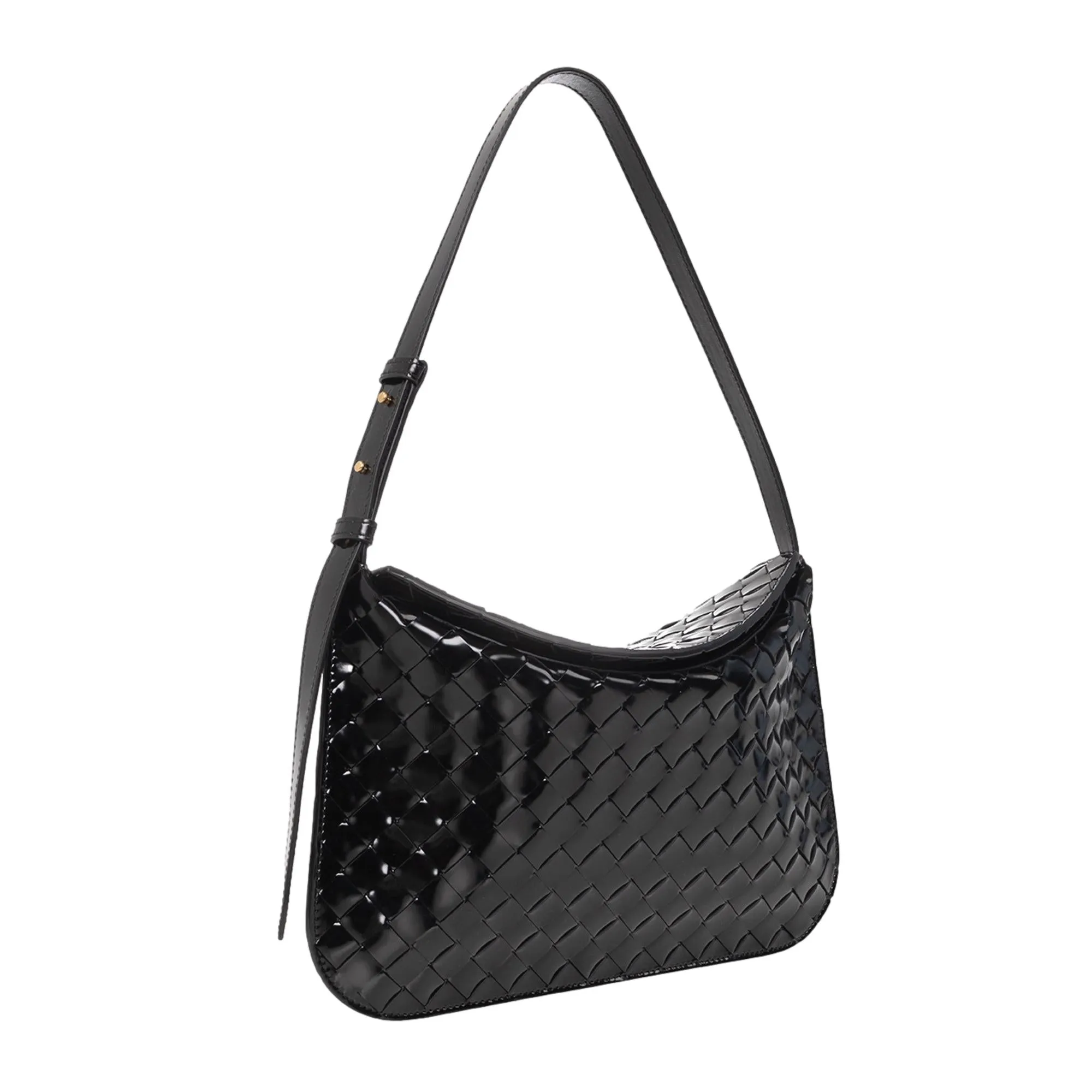 Bottega Veneta Intrecciato Patent Black Leather Flap Small Shoulder Bag