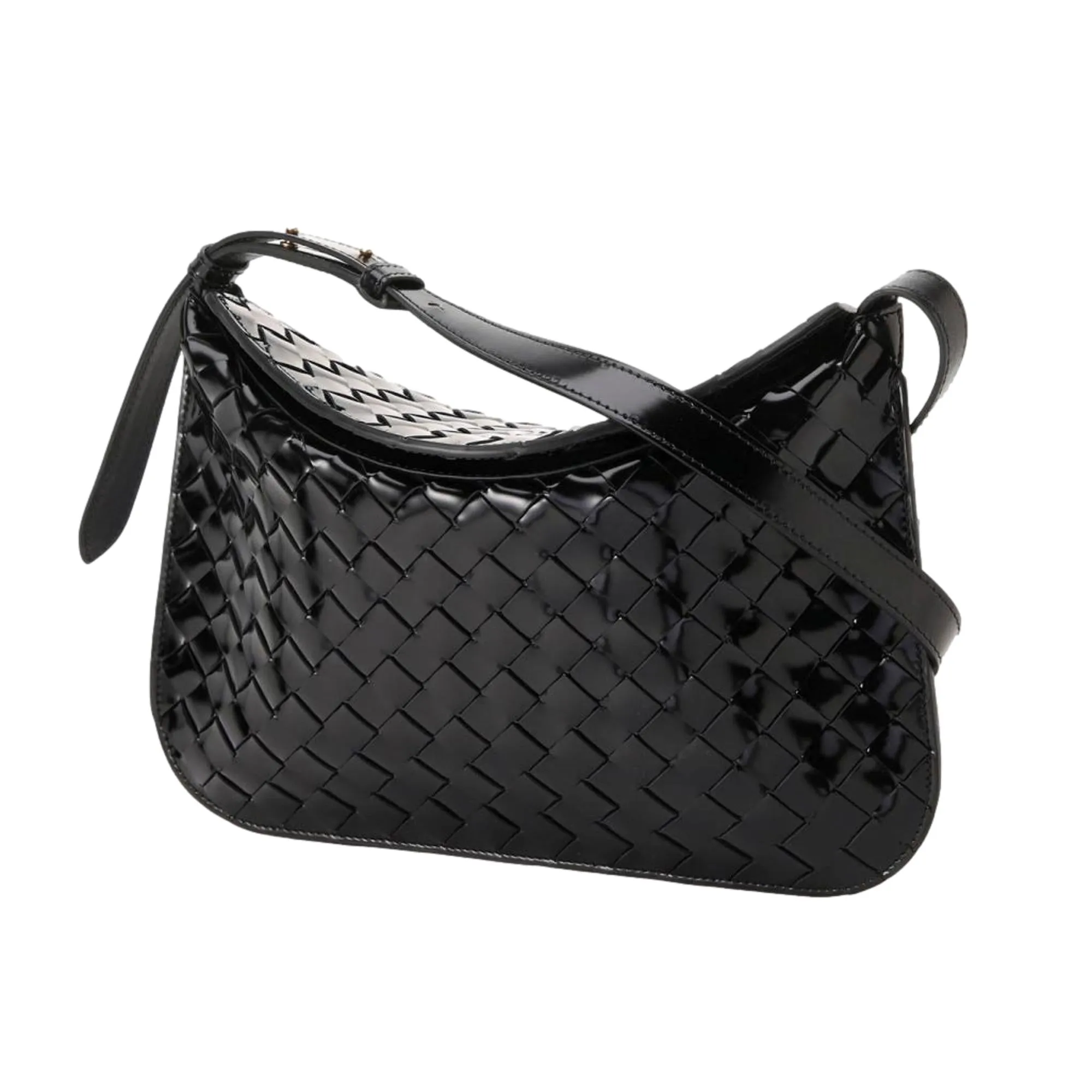 Bottega Veneta Intrecciato Patent Black Leather Flap Small Shoulder Bag