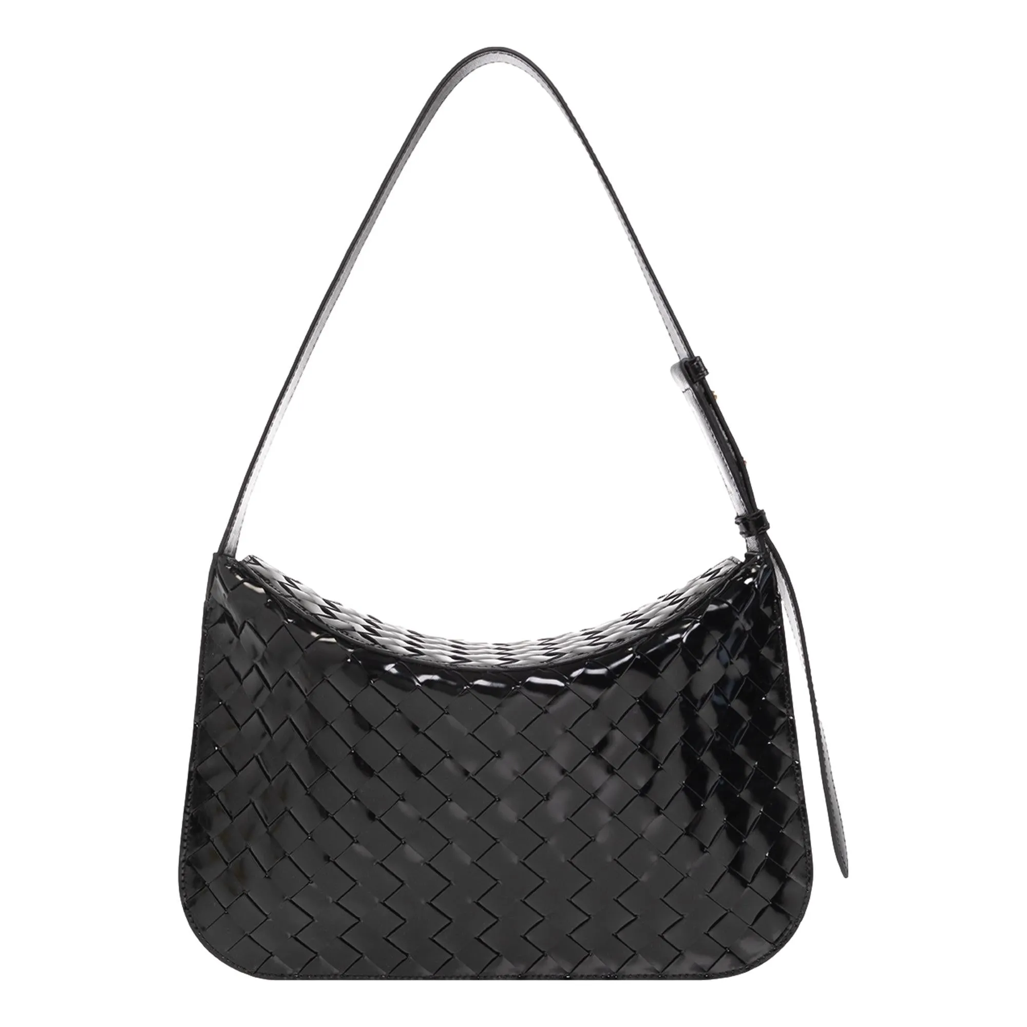 Bottega Veneta Intrecciato Patent Black Leather Flap Small Shoulder Bag