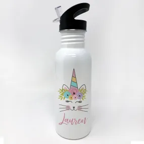 Caticorn Watter Bottle, Personalized Sports Bottle with Straw, Water Bottle for Kids, "Lauren"