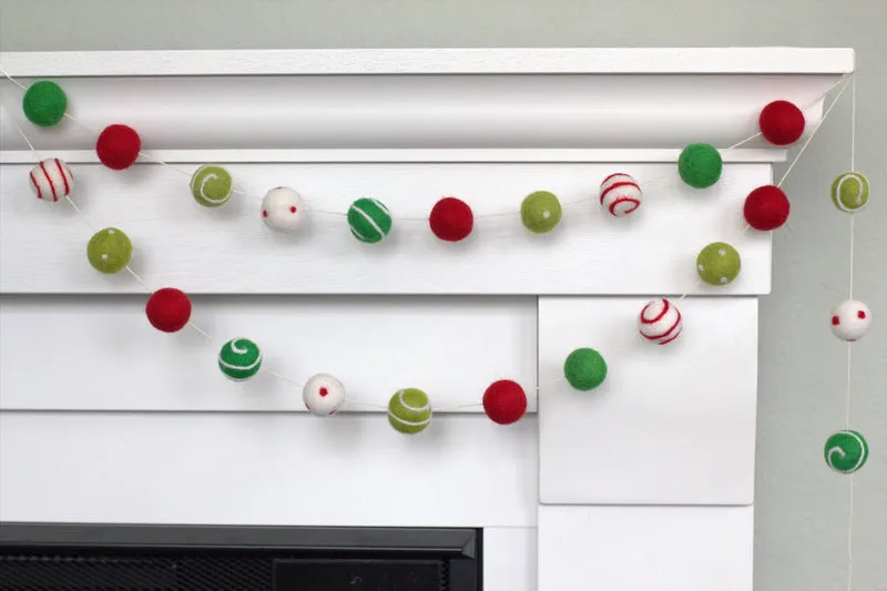 Christmas Felt Ball Garland- Dots & Swirls- Red, Green, White