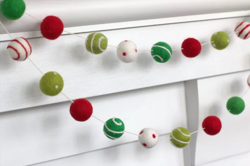 Christmas Felt Ball Garland- Dots & Swirls- Red, Green, White