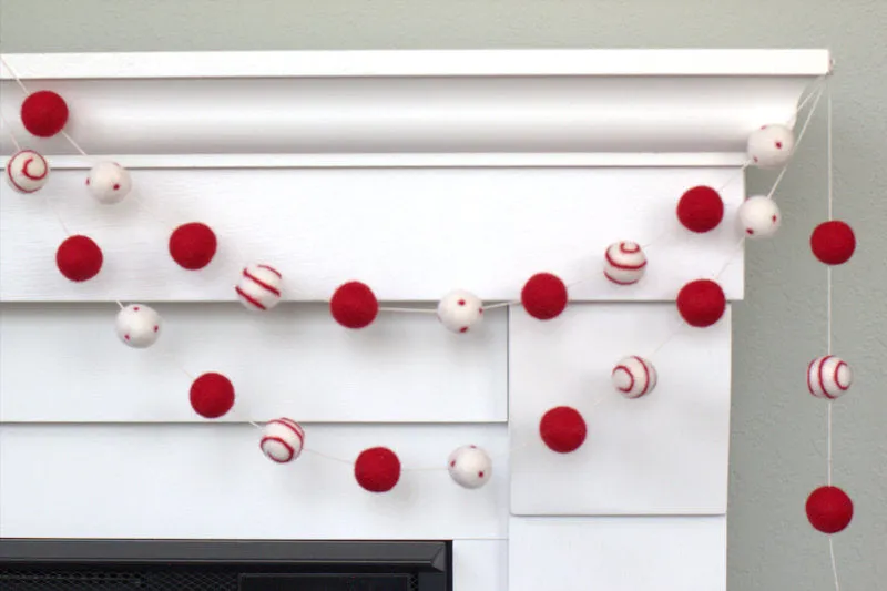 Christmas Felt Ball Garland- Red, White- Swirls & Dots