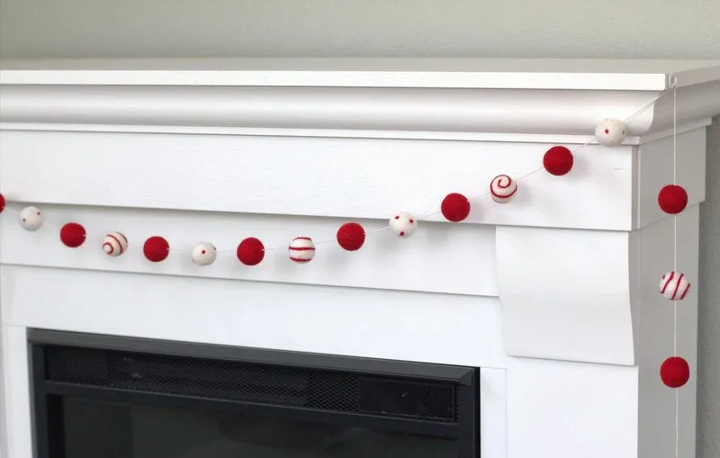 Christmas Felt Ball Garland- Red, White- Swirls & Dots