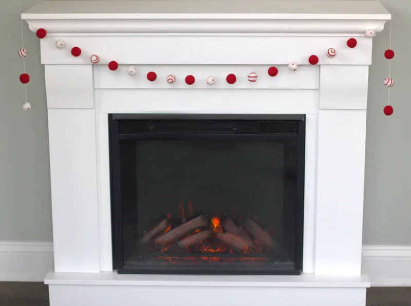 Christmas Felt Ball Garland- Red, White- Swirls & Dots