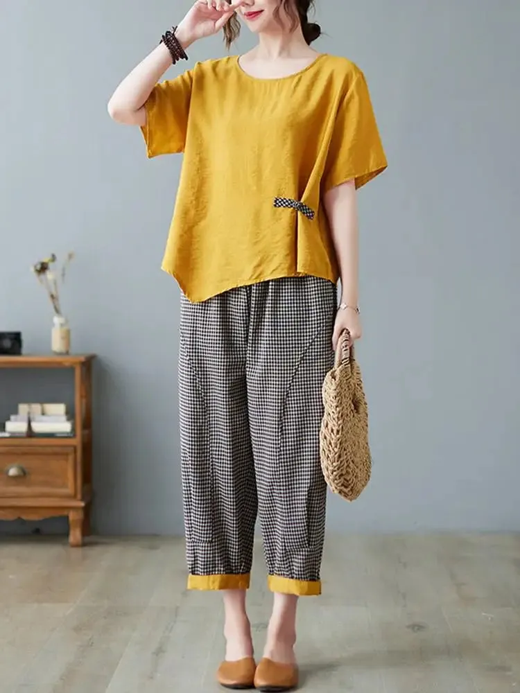 Cotton Linen 2-Piece Comfy Sets with Solid Top & CheckerBoard  Loose Ankle-Length Pants