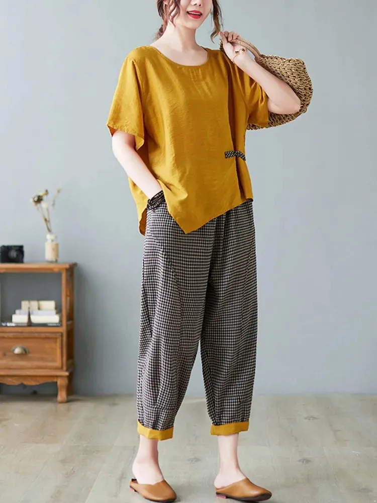 Cotton Linen 2-Piece Comfy Sets with Solid Top & CheckerBoard  Loose Ankle-Length Pants