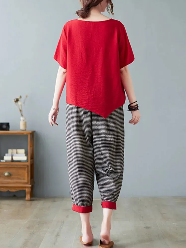 Cotton Linen 2-Piece Comfy Sets with Solid Top & CheckerBoard  Loose Ankle-Length Pants