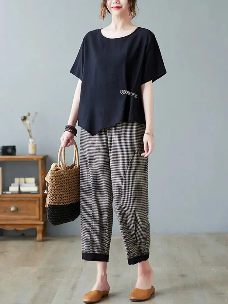 Cotton Linen 2-Piece Comfy Sets with Solid Top & CheckerBoard  Loose Ankle-Length Pants