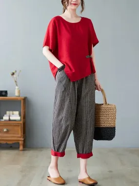 Cotton Linen 2-Piece Comfy Sets with Solid Top & CheckerBoard  Loose Ankle-Length Pants