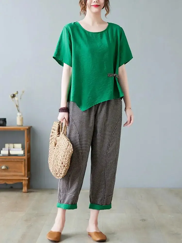 Cotton Linen 2-Piece Comfy Sets with Solid Top & CheckerBoard  Loose Ankle-Length Pants