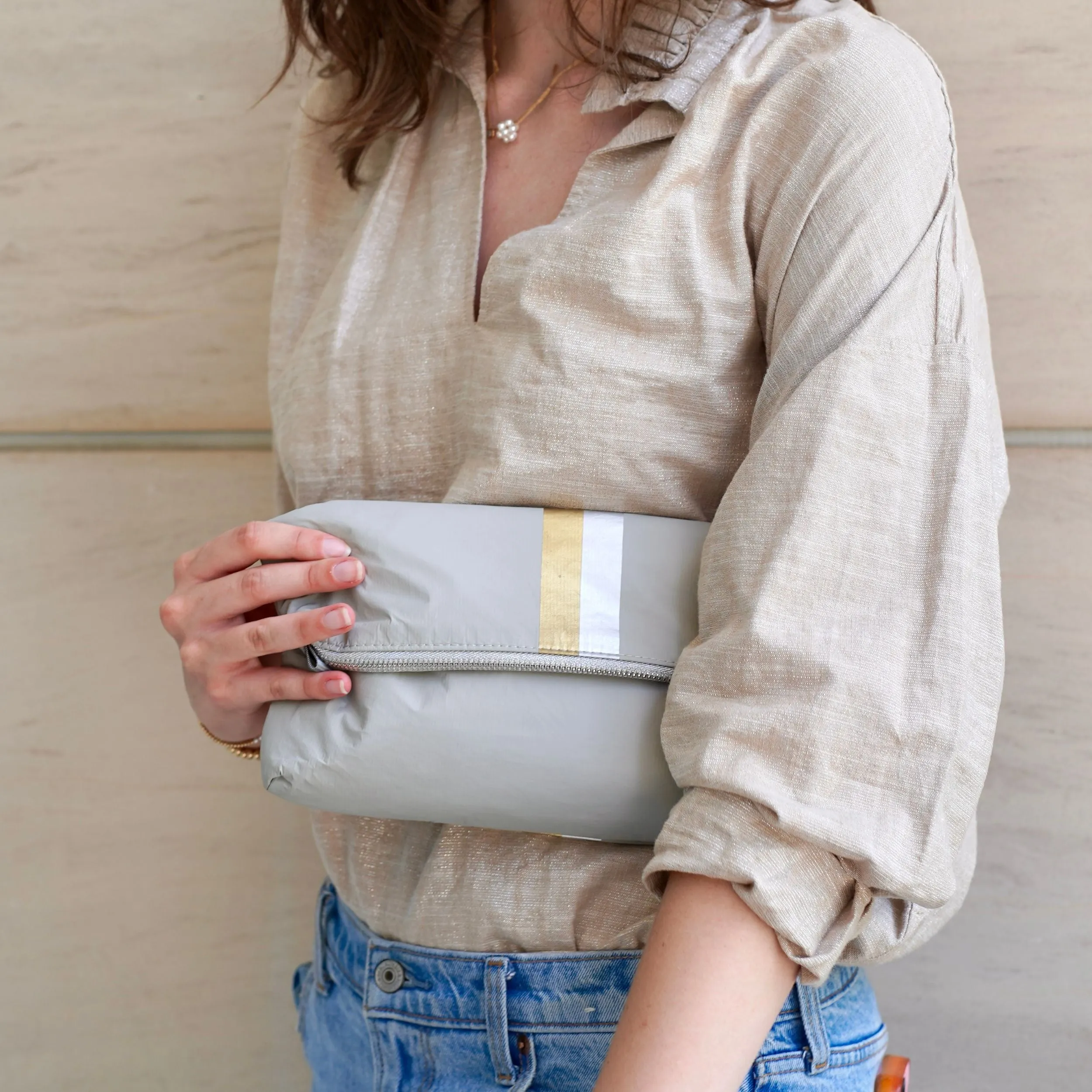 Crossbody Purse in Earth Gray with Silver & Gold Stripes