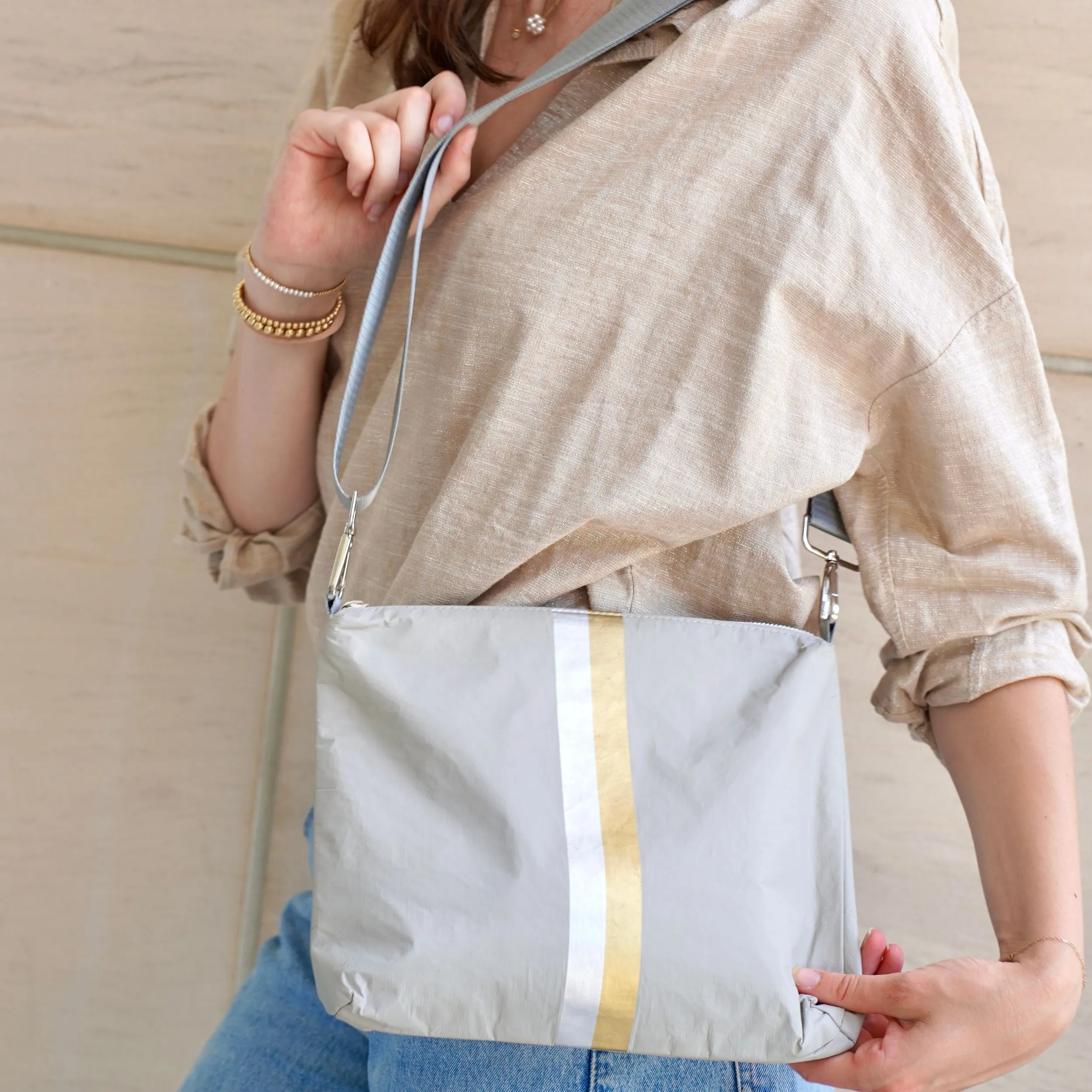 Crossbody Purse in Earth Gray with Silver & Gold Stripes