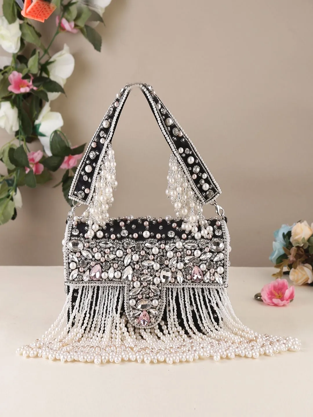 Crystal pearl beaded Flap Clutch