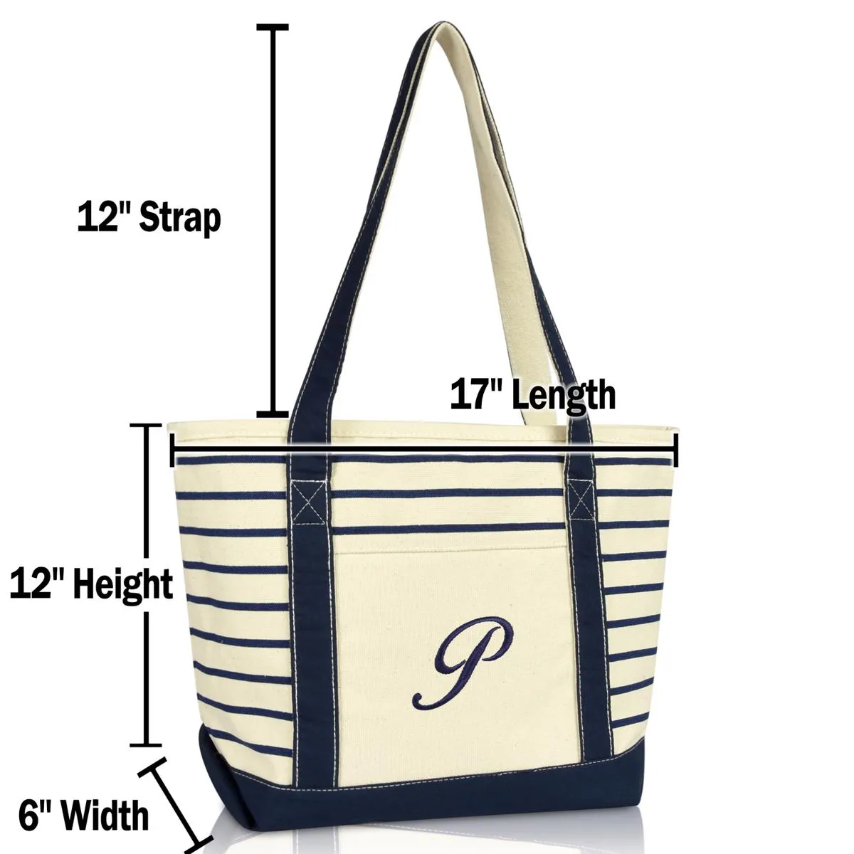 Dalix Striped P-Initial Tote Bag Womens Ballent Letter P