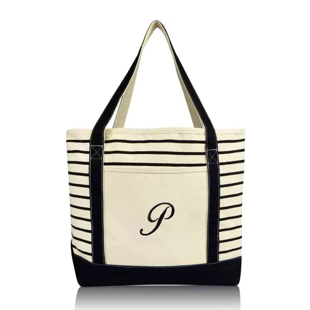 Dalix Striped P-Initial Tote Bag Womens Ballent Letter P