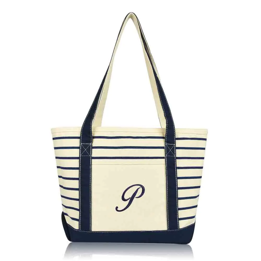 Dalix Striped P-Initial Tote Bag Womens Ballent Letter P