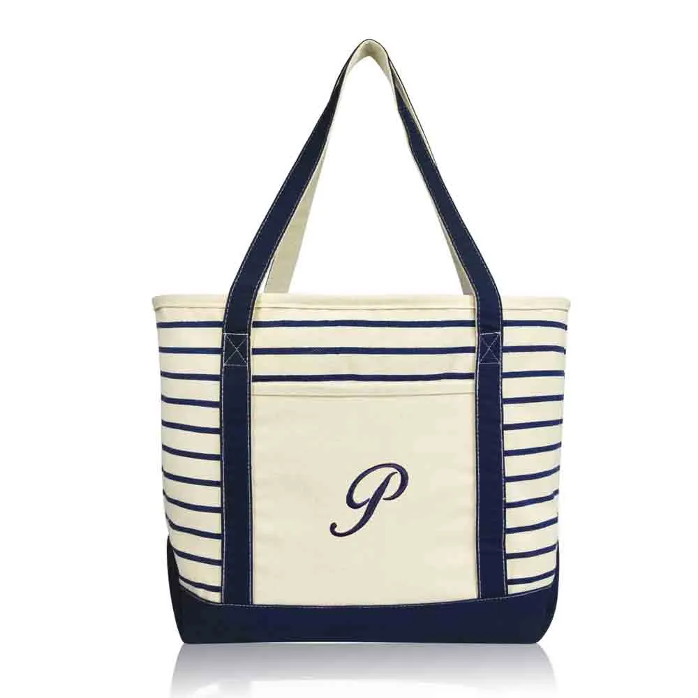 Dalix Striped P-Initial Tote Bag Womens Ballent Letter P