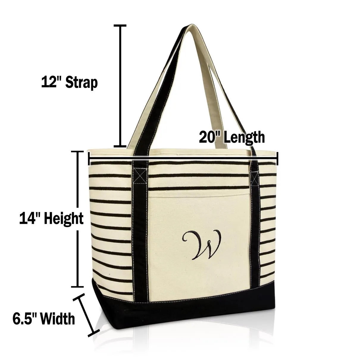 Dalix Striped W-Initial Tote Bag Womens Ballent Letter W