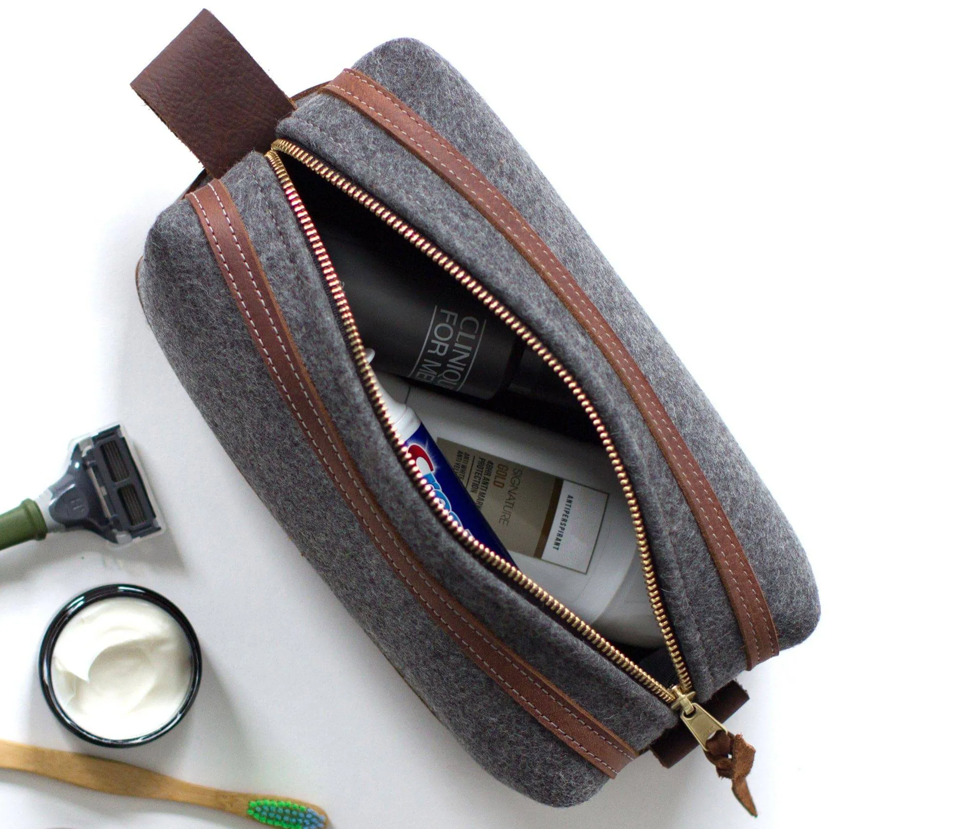 Felt & Leather Toiletry Bag