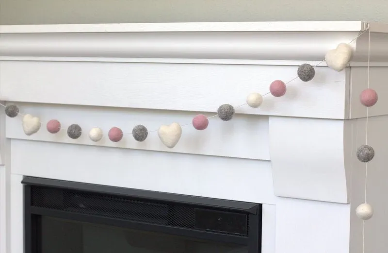 Felt Ball & Heart Garland- Baby Pink, Gray & White