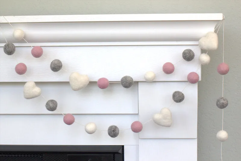 Felt Ball & Heart Garland- Baby Pink, Gray & White